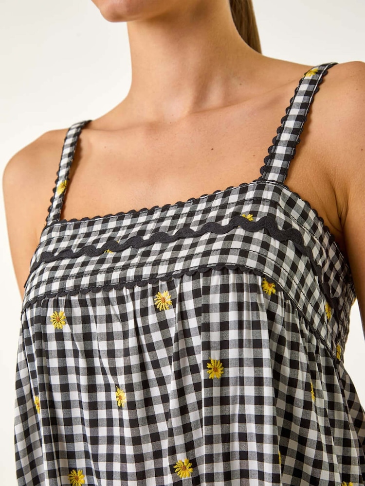 Roman Black Gingham Embroidered Midi Dress - Image 5 of 5