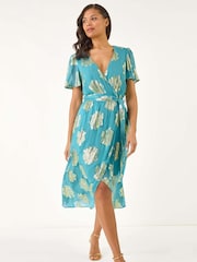Roman Blue Jacquard Midi Wrap Dress - Image 1 of 5