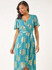 Roman Blue Jacquard Midi Wrap Dress - Image 2 of 5