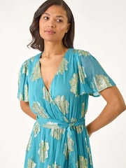 Roman Blue Jacquard Midi Wrap Dress - Image 4 of 5
