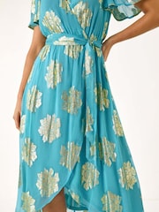 Roman Blue Jacquard Midi Wrap Dress - Image 5 of 5