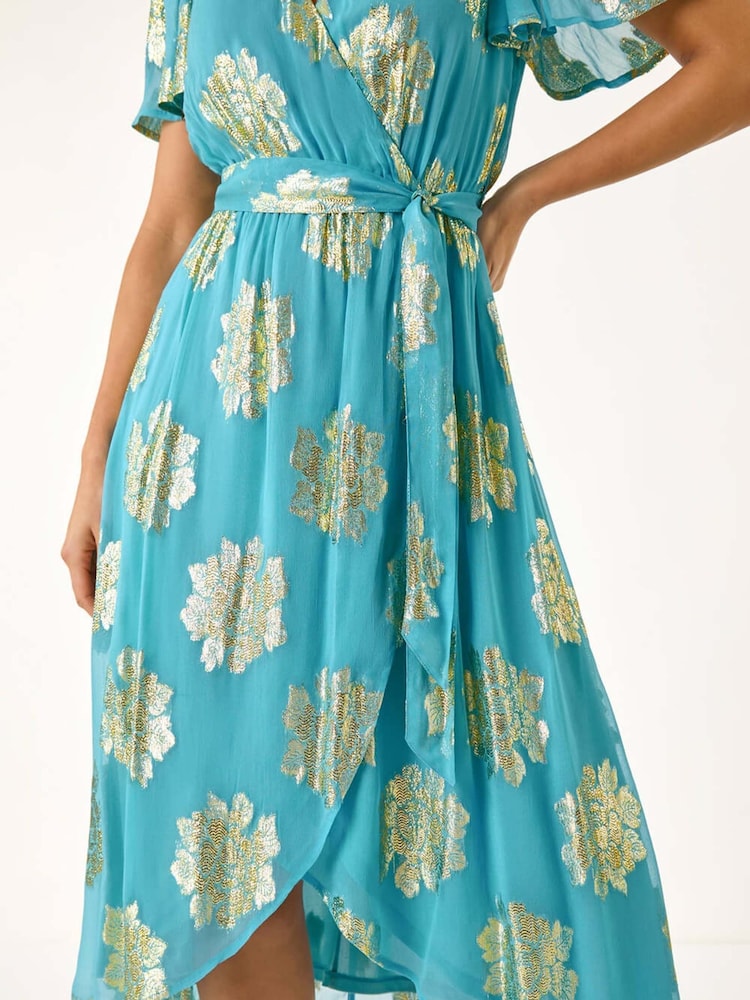 Roman Blue Jacquard Midi Wrap Dress - Image 5 of 5