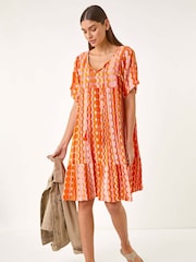 Roman Orange Abstract Smocked Dress - Image 4 of 5