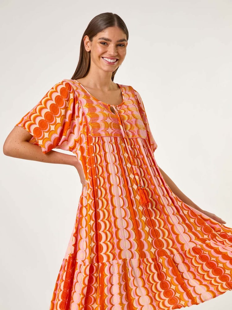 Roman Orange Abstract Smocked Dress - Image 5 of 5