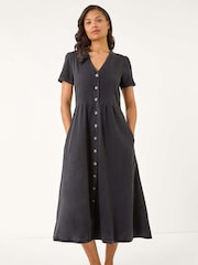 Roman Black Denim Button Through Midi 100% Cottton Dress - Image 1 of 5