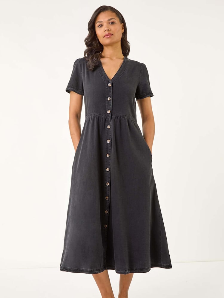 Roman Black Denim Button Through Midi 100% Cottton Dress - Image 1 of 5
