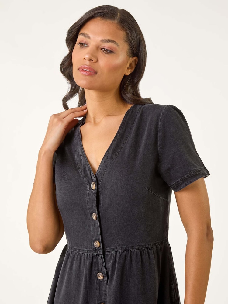 Roman Black Denim Button Through Midi 100% Cottton Dress - Image 4 of 5