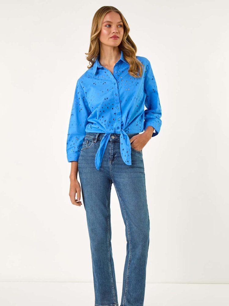 Roman Blue Broderie Tie Front 100% Cotton Blouse - Image 1 of 5