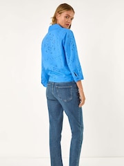 Roman Blue Broderie Tie Front 100% Cotton Blouse - Image 3 of 5