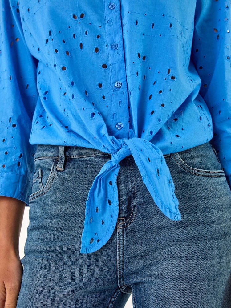 Roman Blue Broderie Tie Front 100% Cotton Blouse - Image 5 of 5