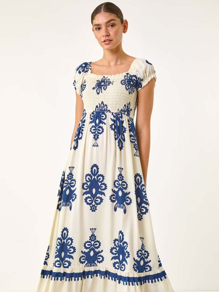 Roman Blue Bardot Shirred Maxi Dress - Image 4 of 5