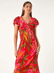 Roman Leaf Print Frill Midi Dress - Imagen 1 de 5
