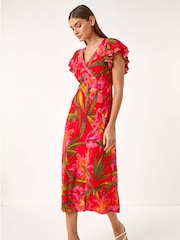 Roman Leaf Print Frill Midi Dress - Imagen 2 de 5