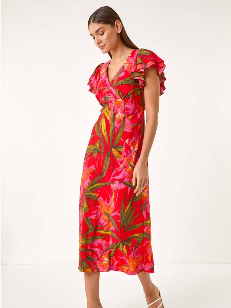 Roman Leaf Print Frill Midi Dress - Imagen 2 de 5