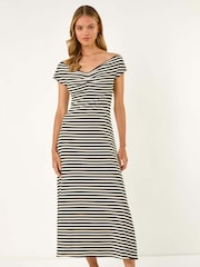 Roman Black Stripe Bardot Knit Midi Stretch Dress - Image 2 of 5