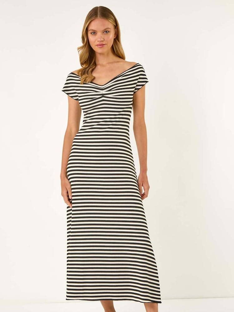 Roman Black Stripe Bardot Knit Midi Stretch Dress - Image 2 of 5
