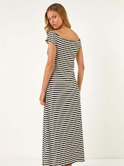 Roman Black Stripe Bardot Knit Midi Stretch Dress - Image 3 of 5