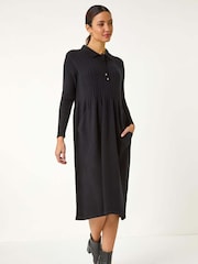 Roman Black Collared Neck Knitted Dress - Image 1 of 5