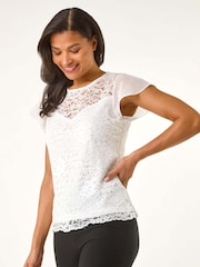 Roman Cream Chiffon Sleeve Floral Print Lace Blouse - Image 1 of 5