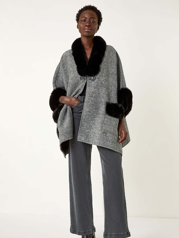 Roman Faux Fur Pocket Knit Cardigan Cape - Slika 1 iz 5