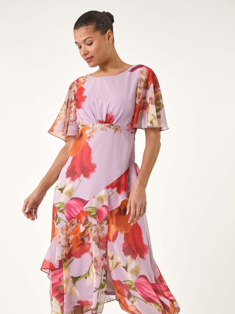 Roman Pink Floral Painted Frill Midi Dress - Image 1 of 5 Roman Pink Floral Painted Frill Midi Dress - Image 1 of 5