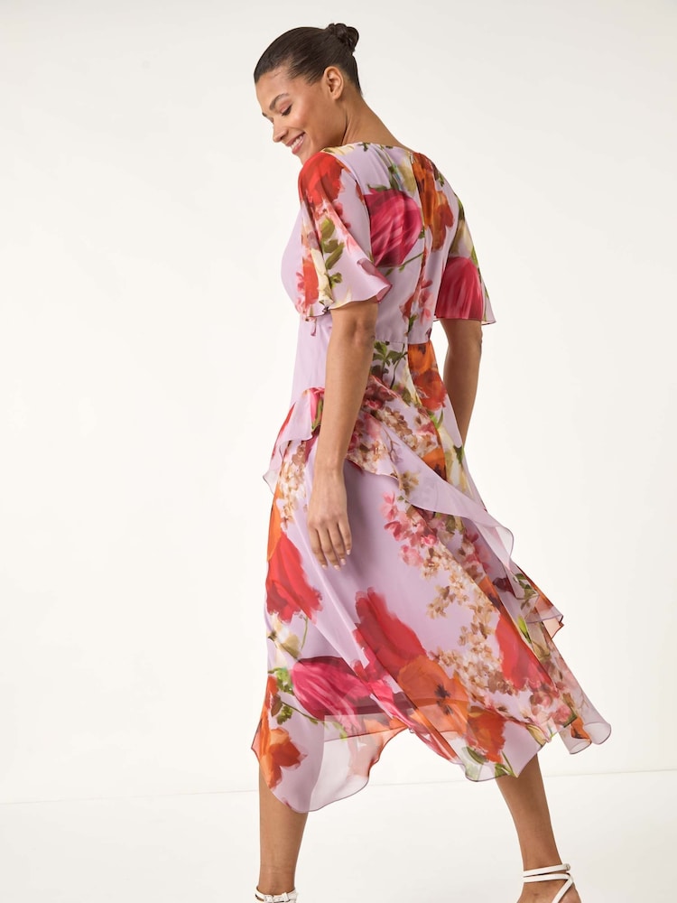 Roman Pink Floral Painted Frill Midi Dress - Image 2 of 5 Roman Pink Floral Painted Frill Midi Dress - Image 2 of 5