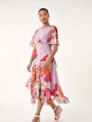 Roman Pink Floral Painted Frill Midi Dress - Image 3 of 5