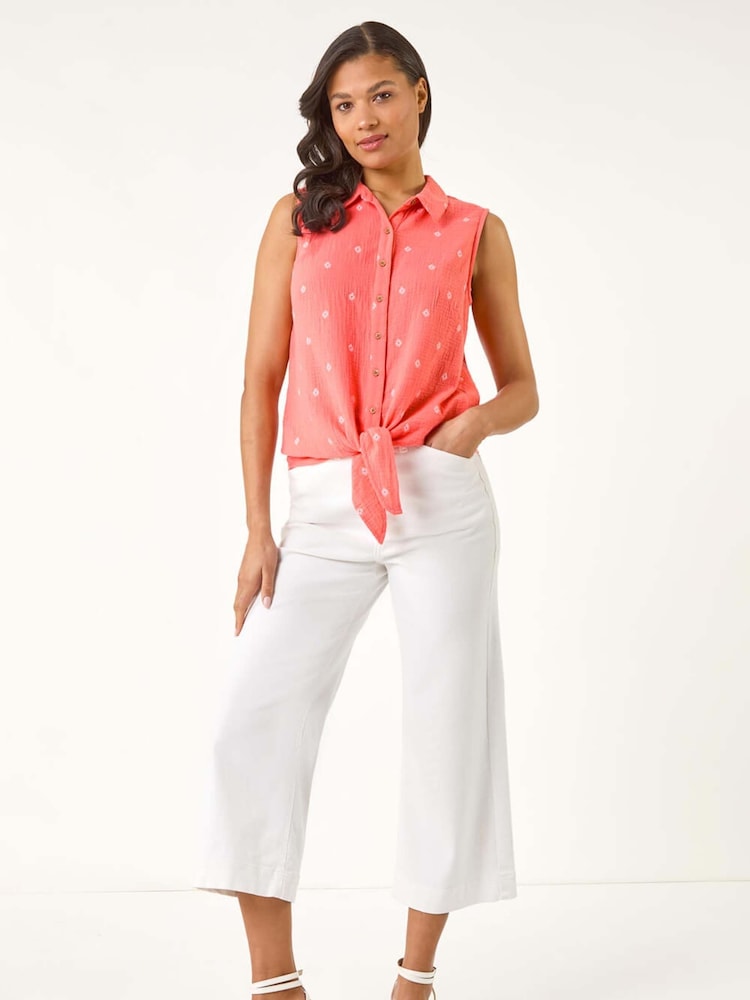 Roman Pink Embroidered Tie Front 100% Cotton Blouse - Image 2 of 5