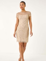 Бежевый - Roman Embellished Sheer Detail Shift Dress - Image 1 of 5
