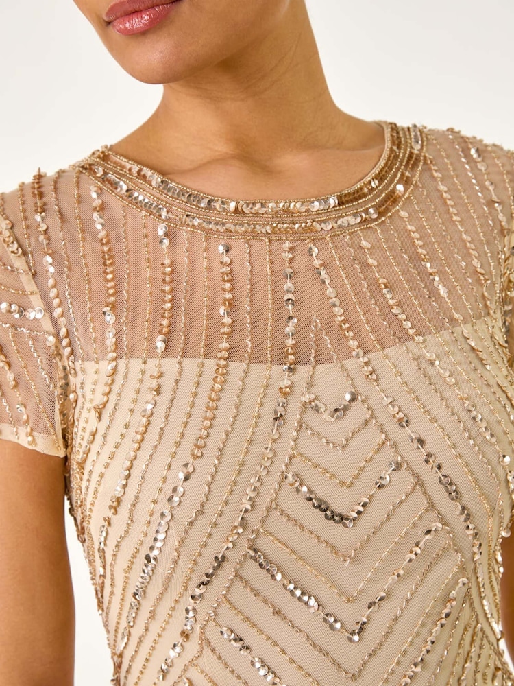 Бежевый - Roman Embellished Sheer Detail Shift Dress - Image 5 of 5