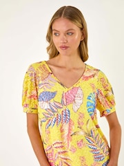 Roman Yellow Animal Print Burnout Blouson Top - Image 4 of 5