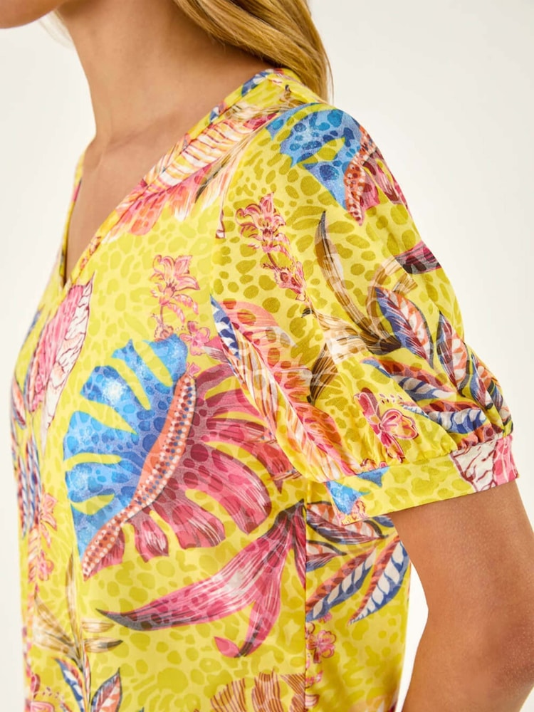 Roman Yellow Animal Print Burnout Blouson Top - Image 5 of 5