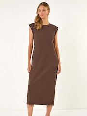 Roman Brown Ribbed Cap Sleeve Midi Dress - Image 1 of 5