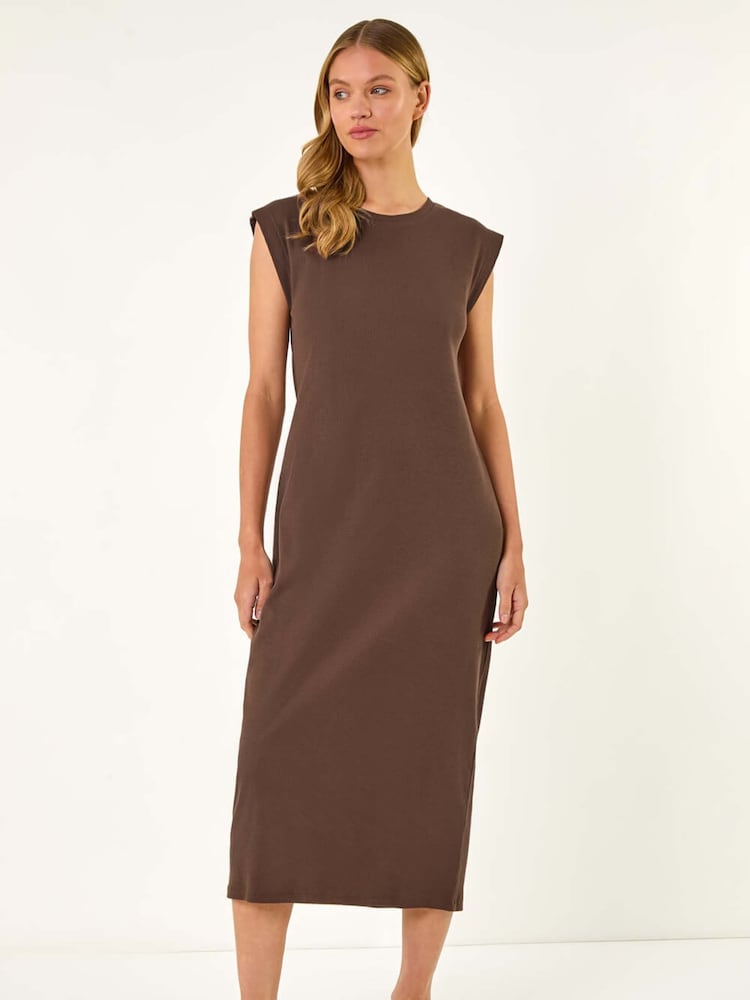 Roman Brown Ribbed Cap Sleeve Midi Dress - Image 1 of 5