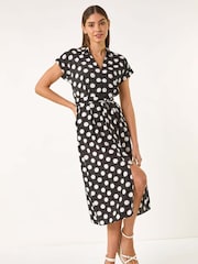 Roman Black Spot Print Belted Midi Dress - Image 1 of 5
