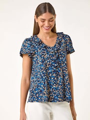 Roman Blue Printed Ruffle V-Neck Top - Image 1 of 5