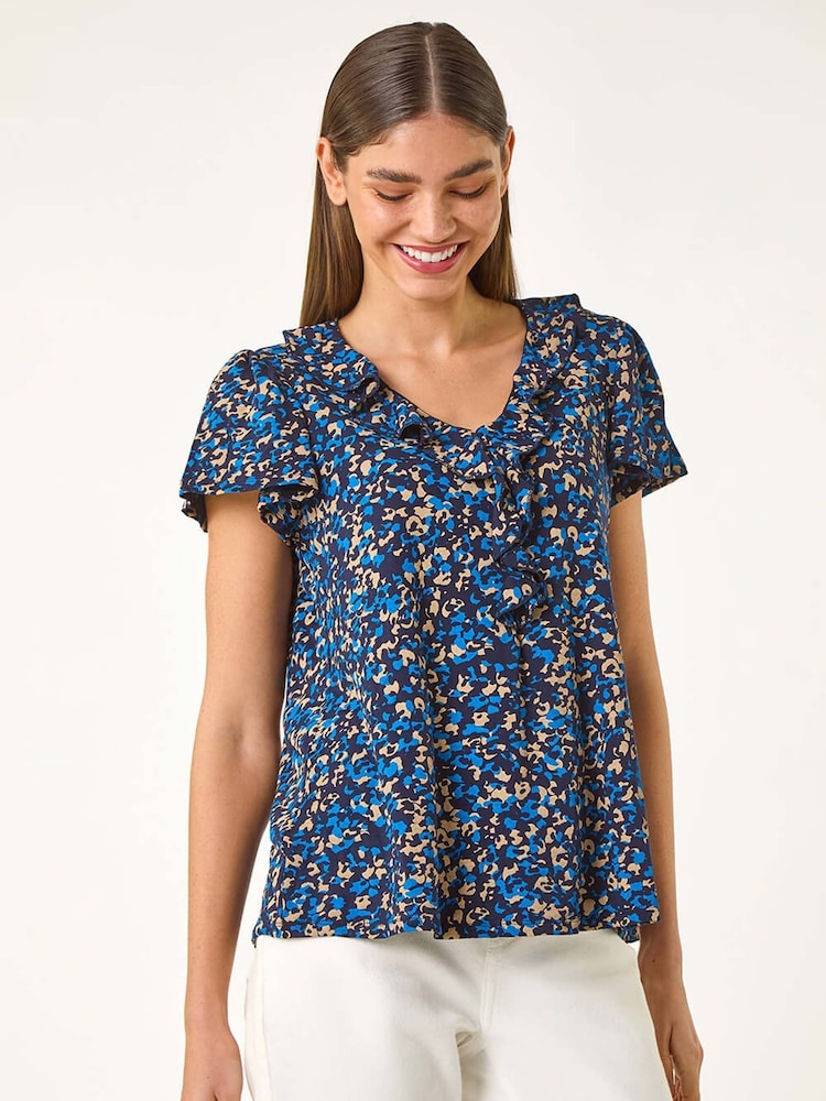 Roman Blue Printed Ruffle V-Neck Top - Image 1 of 5