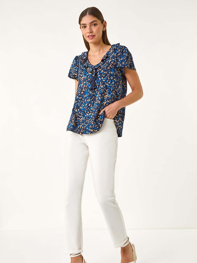 Roman Blue Printed Ruffle V-Neck Top - Image 2 of 5
