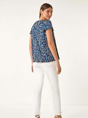 Roman Blue Printed Ruffle V-Neck Top - Image 3 of 5