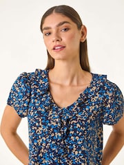 Roman Blue Printed Ruffle V-Neck Top - Image 4 of 5