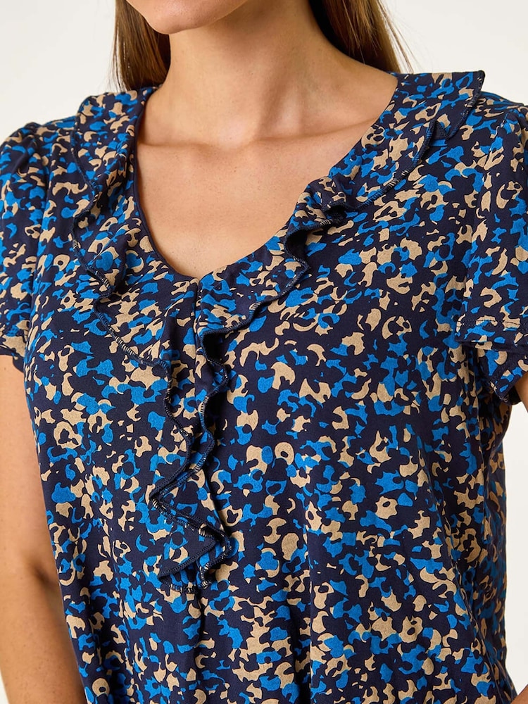 Roman Blue Printed Ruffle V-Neck Top - Image 5 of 5