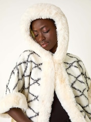 Roman White Check Print Faux Fur Trim Cardigan Cape - Image 1 of 5
