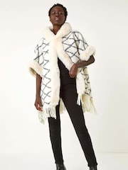 Roman White Check Print Faux Fur Trim Cardigan Cape - Image 2 of 5