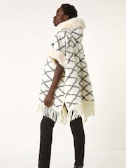 Roman White Check Print Faux Fur Trim Cardigan Cape - Image 3 of 5