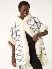 Roman White Check Print Faux Fur Trim Cardigan Cape - Image 4 of 5