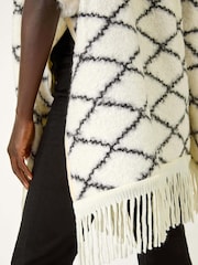 Roman White Check Print Faux Fur Trim Cardigan Cape - Image 5 of 5