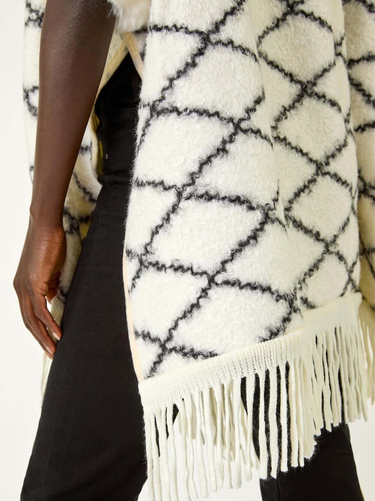 Roman White Check Print Faux Fur Trim Cardigan Cape - Image 5 of 5