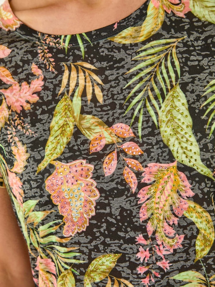 Roman Black Floral Print Diamante Lace Burnout T-Shirt - Image 5 of 5