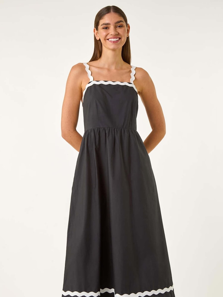 Roman Black Contrast Ric Rac 100% Cotton Midi Dress - Image 1 of 5