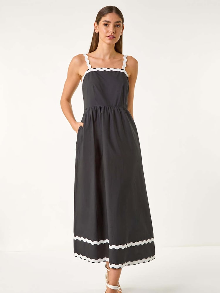 Roman Black Contrast Ric Rac 100% Cotton Midi Dress - Image 2 of 5